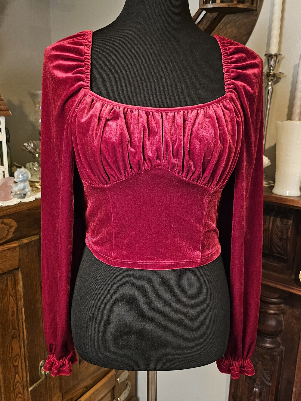 Chelsea & Violet Velvet Milkmaid Crop Top Small Burgundy Renaissance Boho